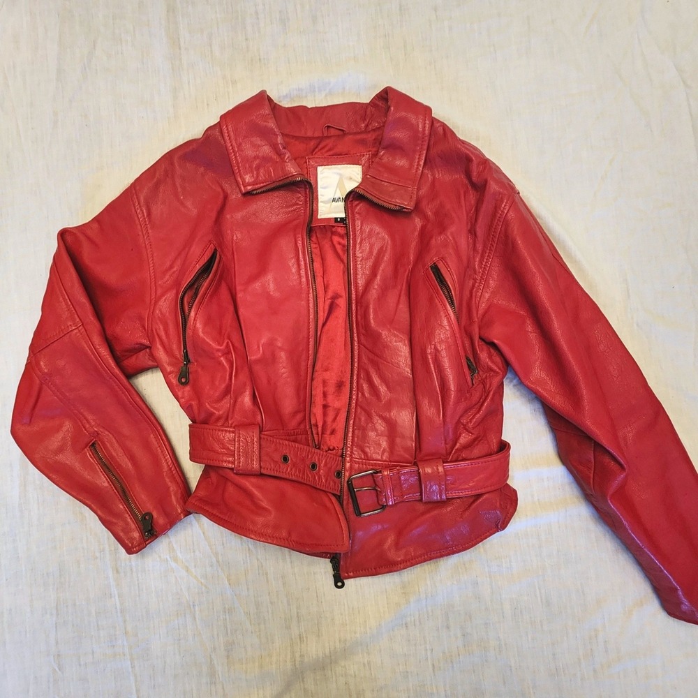 Vtg Avanti Red Leather Biker Jacket Belted Moto 80s Style Womens Cinched Small
